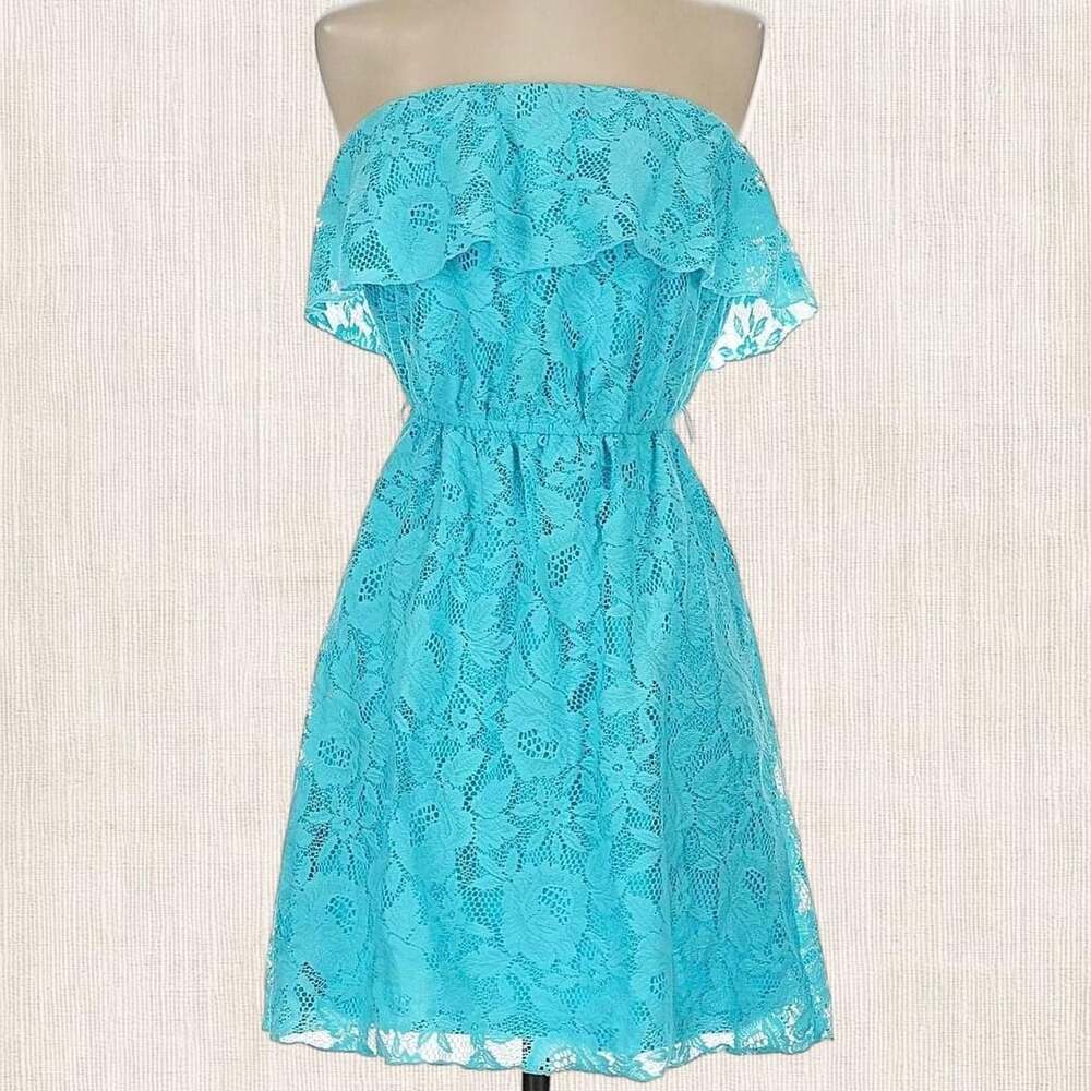 Teal Lace Strapless Ruffle Mini Dress